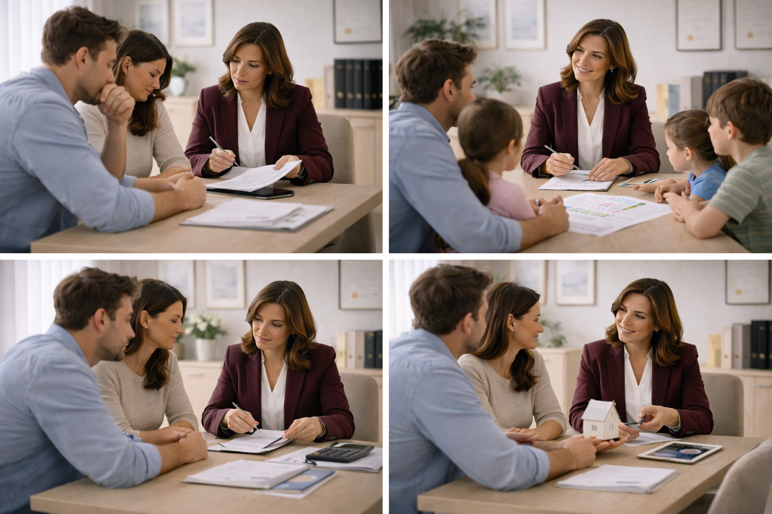 A family mediation session where the mediator is attentively listening to parents while children play nearby, highlighting the child-focused nature of the service.